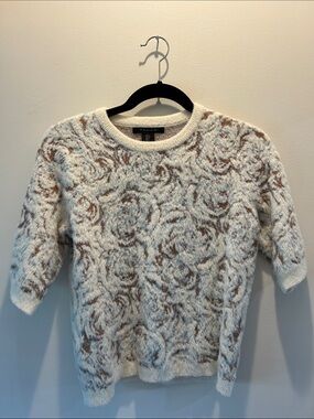 Tahari Cream and Brown Floral Fuzzy Crew Sweater